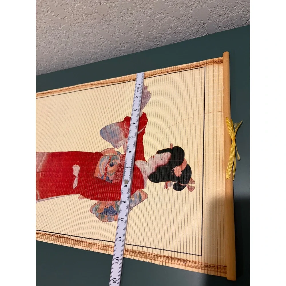 Vintage 1988 Japanese Bamboo Scroll Calendar Geisha Birds Double Sided Wall Art